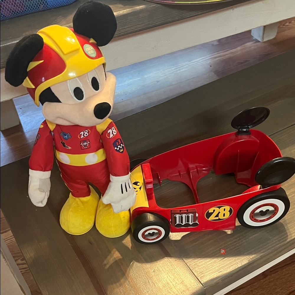 Disney Mickey Mouse Plush with Red Racing Car